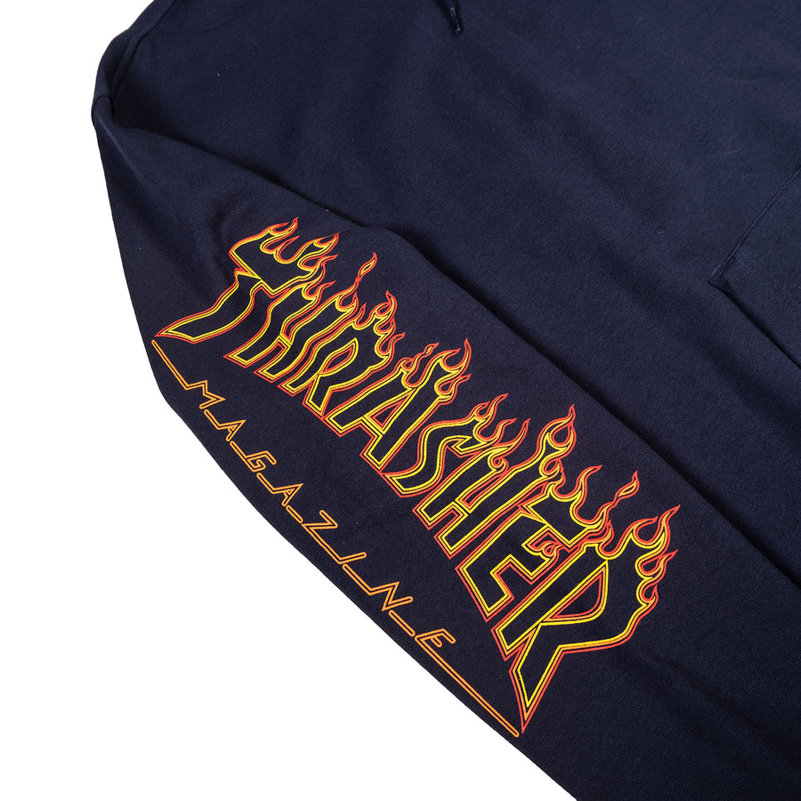 Thrasher : Flame Outline Pocket Hooded Sweatshirt (Navy)